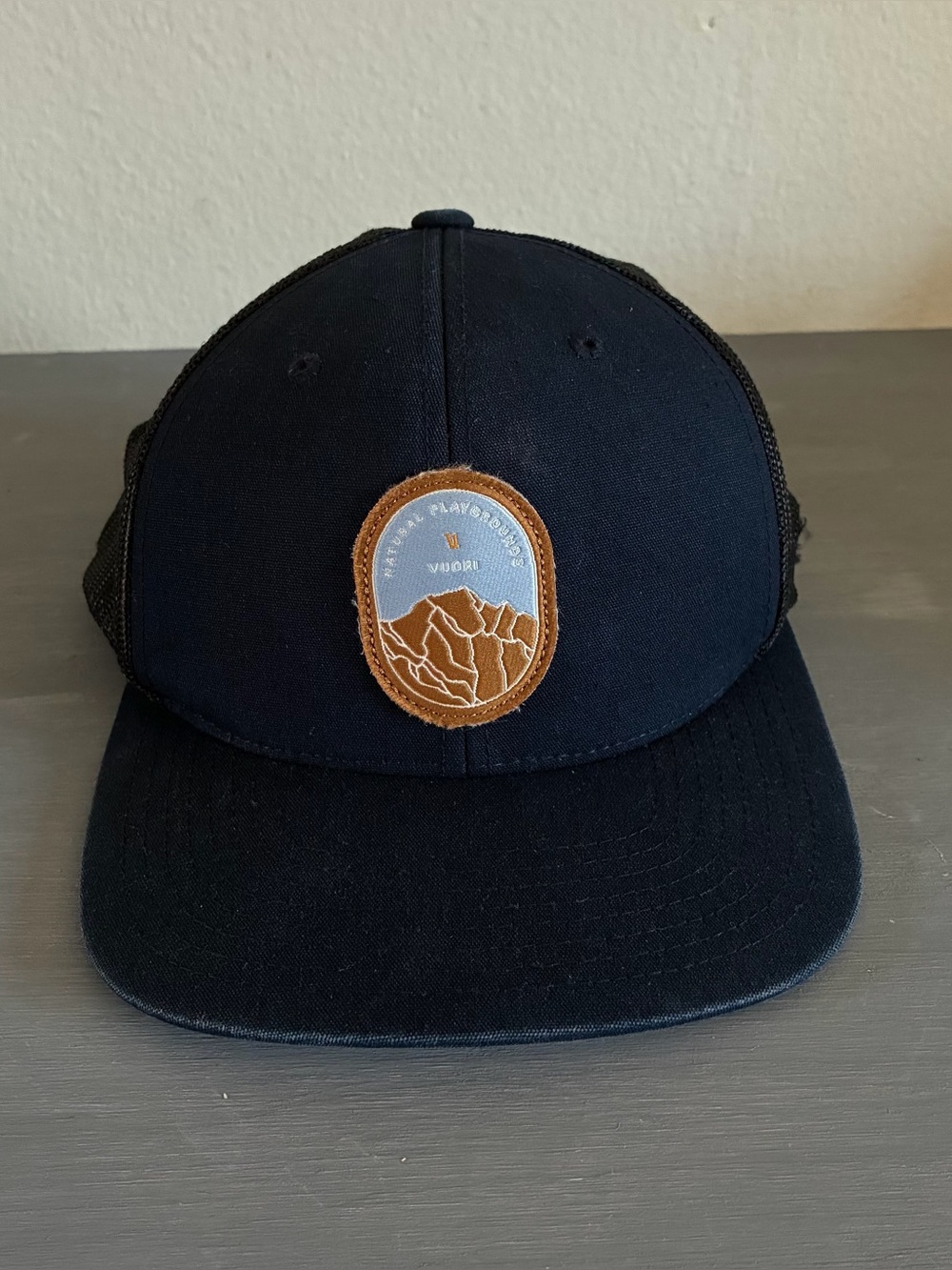 Vuori Summits Trucker Hat Cap Navy Blue Snapback Mountain Patch Outdoor Cotton